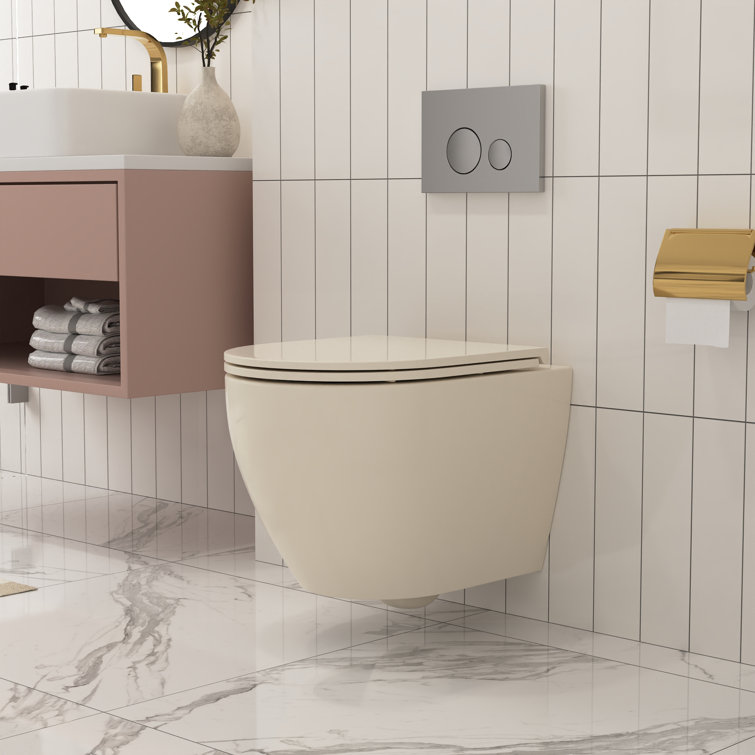 Beige Ceramic Elongated Wall-Mounted Dual Flush Toilet