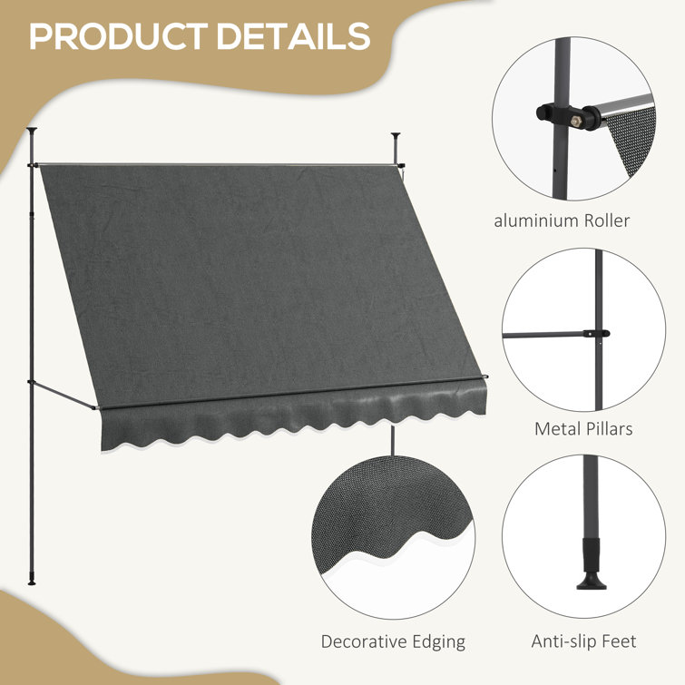 Dark Gray Polyester Retractable Patio Awning with Ruffled Edge