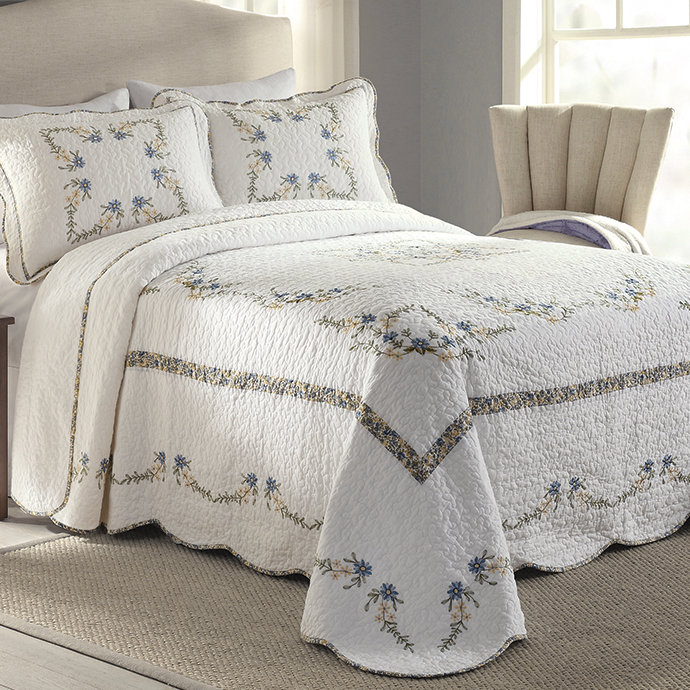 Heather Blue Cotton Full Floral Bedspread