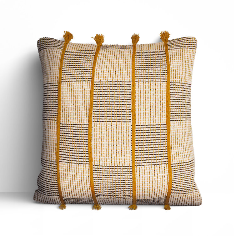 18'' Beige and Black Embroidered Cotton Throw Pillow