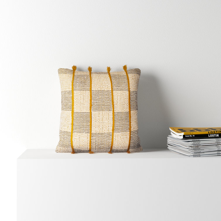 18'' Beige and Black Embroidered Cotton Throw Pillow