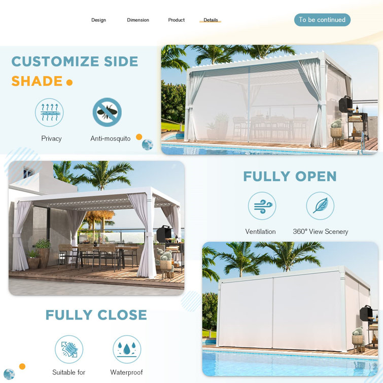 White Aluminum 10x12 Pergola with Adjustable Roof and Curtains
