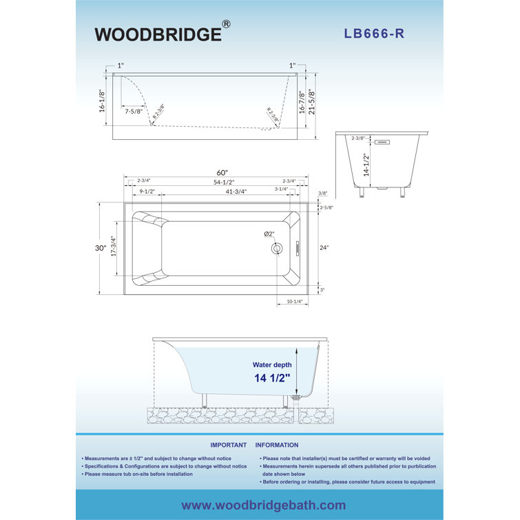 Vine 60'' x 30'' White Acrylic Alcove Soaking Bathtub
