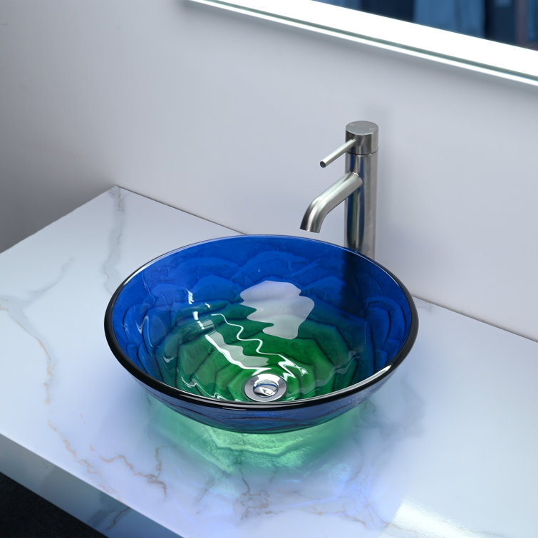 Gradient Blue-Green Tempered Glass Round Vessel Sink