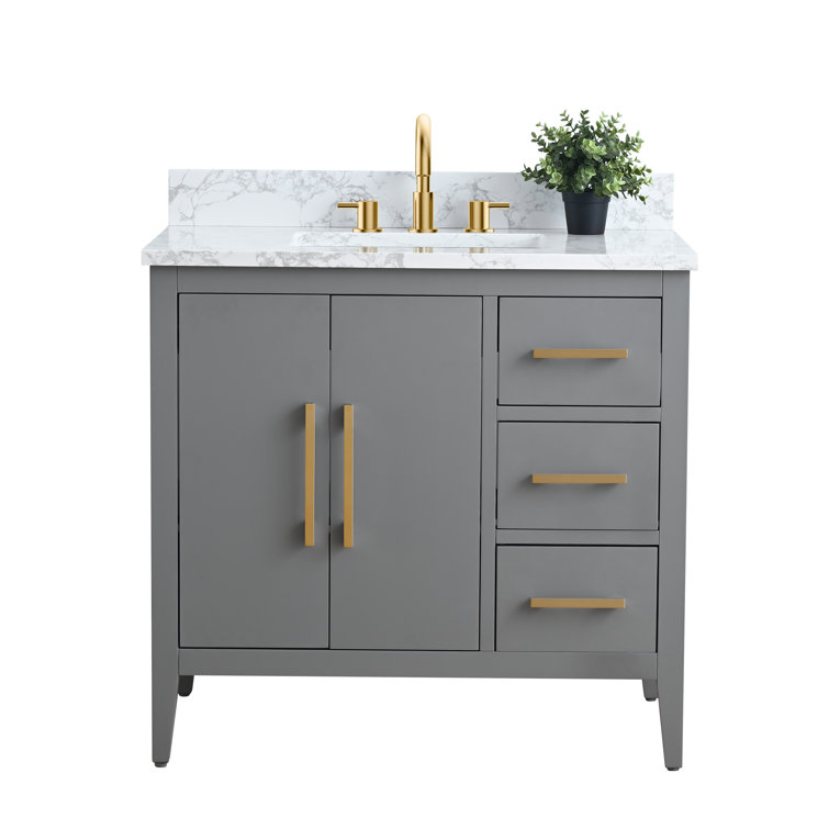 Cashmere Gray Poplar Wood Single Sink Bathroom Vanity with Engineered Marble Top