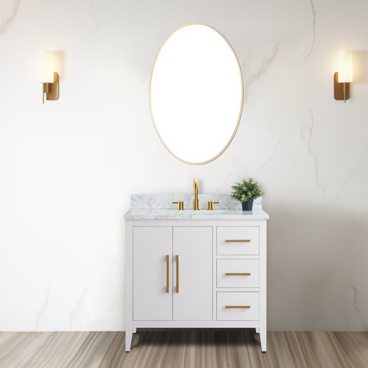 White and Gold 36" Single Bathroom Vanity with Ceramic Sink