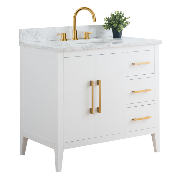 White and Gold 36" Single Bathroom Vanity with Ceramic Sink