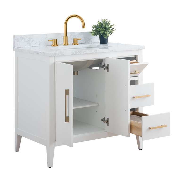 White and Gold 36" Single Bathroom Vanity with Ceramic Sink