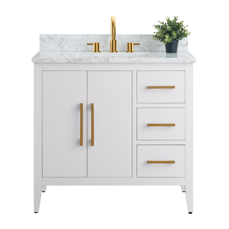 White and Gold 36" Single Bathroom Vanity with Ceramic Sink