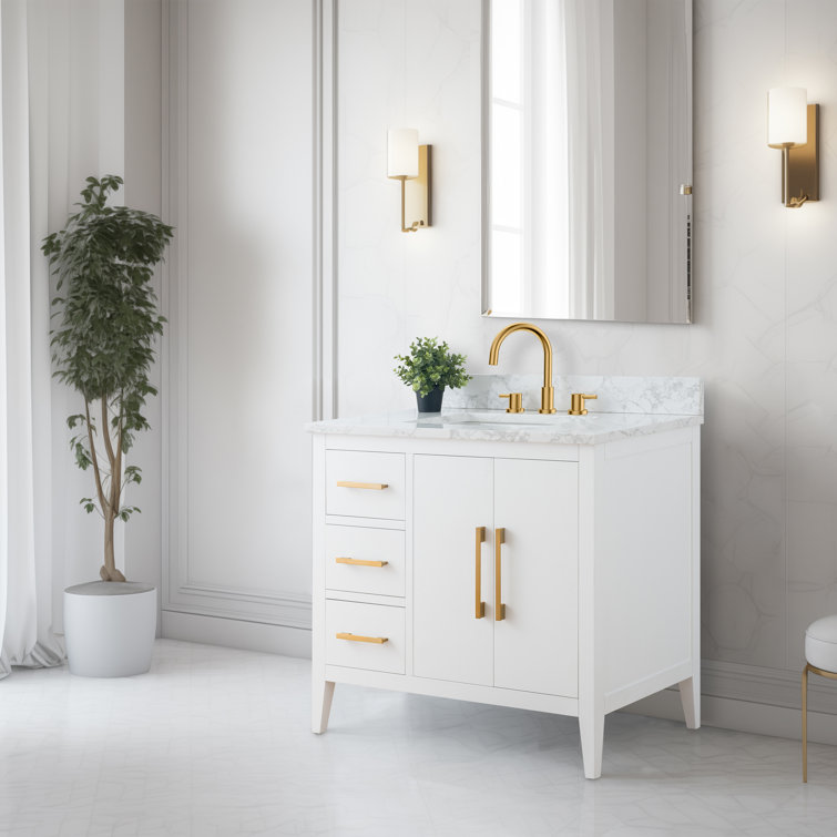 White and Gold 36" Single Bathroom Vanity with Ceramic Sink
