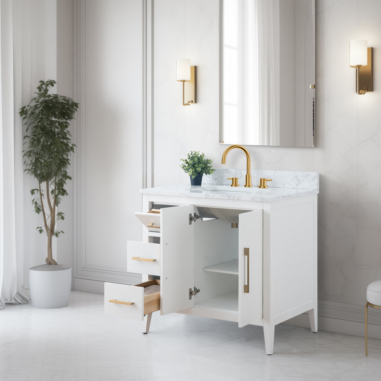 White and Gold 36" Single Bathroom Vanity with Ceramic Sink