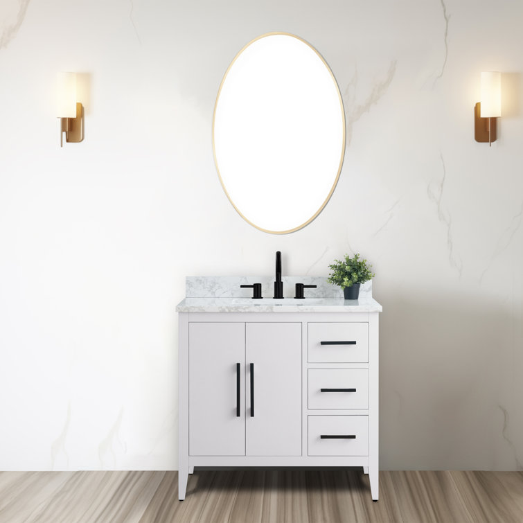 White Poplar Wood Single Sink Bathroom Vanity with Marble Top
