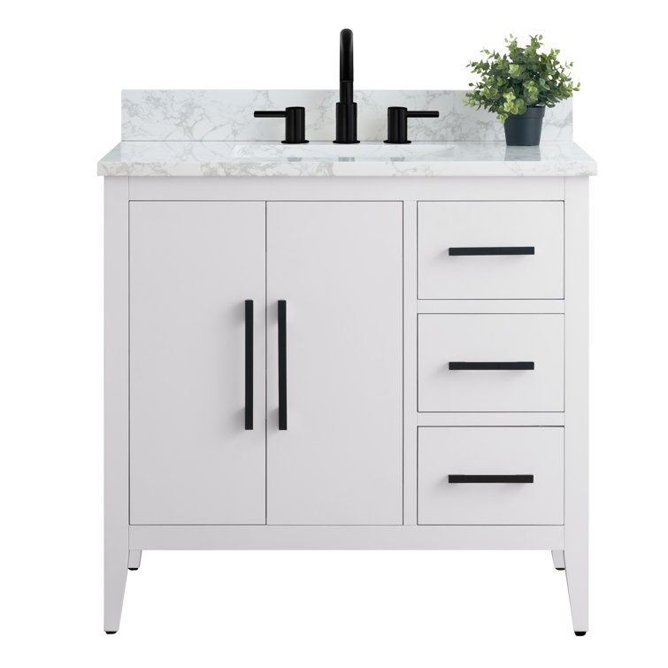 White Poplar Wood Single Sink Bathroom Vanity with Marble Top
