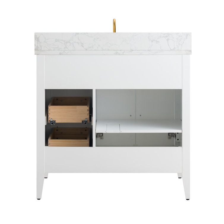 White and Gold 36" Single Bathroom Vanity with Ceramic Sink