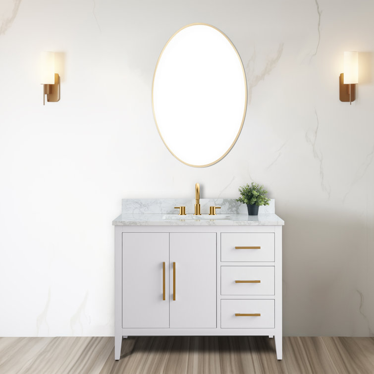 42'' White and Golden Brushed Freestanding Single Sink Bathroom Vanity