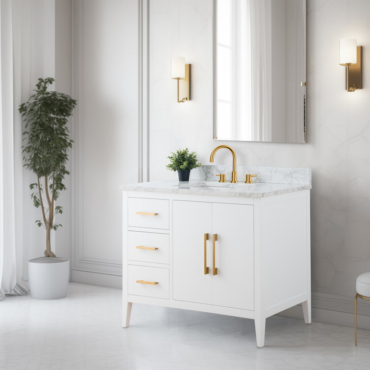 42'' White and Golden Brushed Freestanding Single Sink Bathroom Vanity