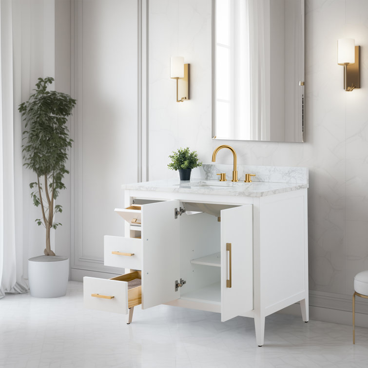 42'' White and Golden Brushed Freestanding Single Sink Bathroom Vanity