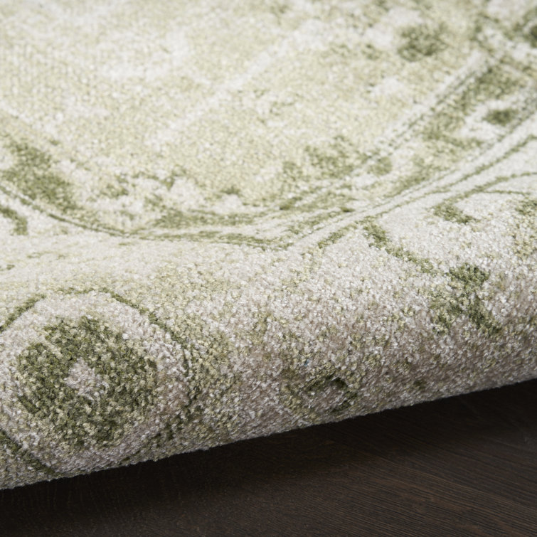 Ivory Green Floral Medallion Machine Washable Area Rug 8x10