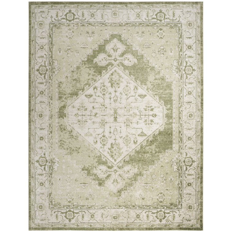 Ivory Green Floral Medallion Machine Washable Area Rug 8x10