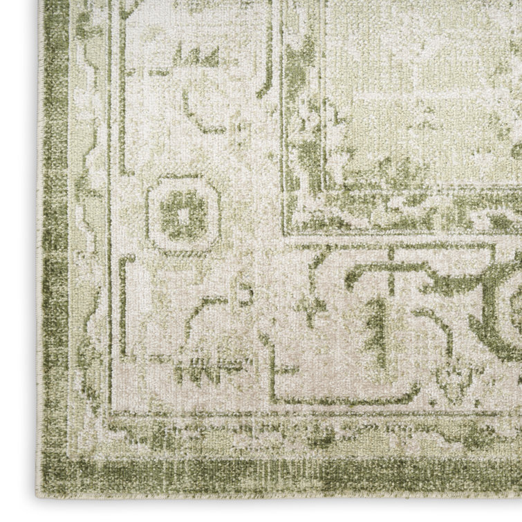 Ivory Green Floral Medallion Machine Washable Area Rug 8x10