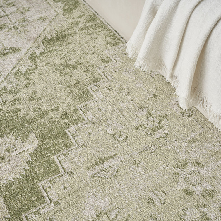 Ivory Green Floral Medallion Machine Washable Area Rug 8x10