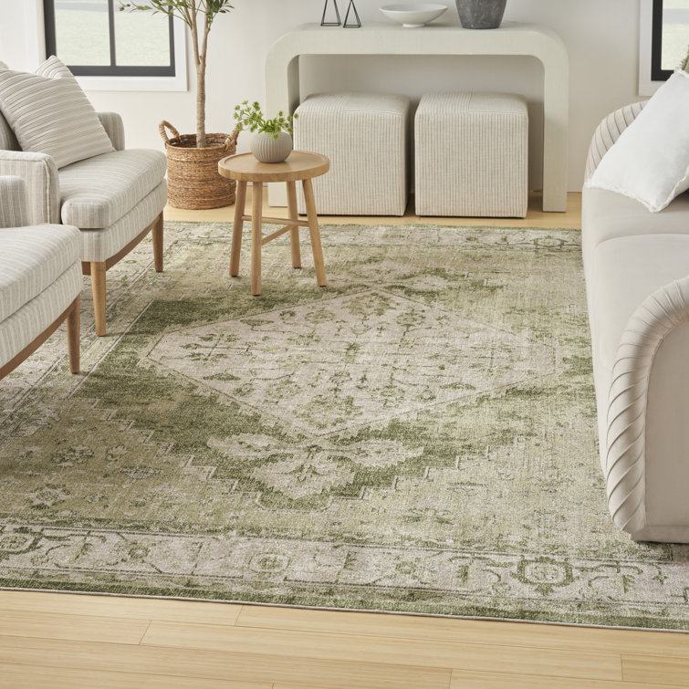 Ivory Green Floral Medallion Machine Washable Area Rug 8x10