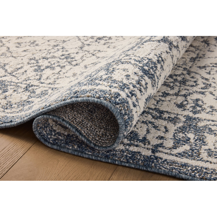 Ivory and Blue Rectangular Synthetic Area Rug 9'2" x 13'