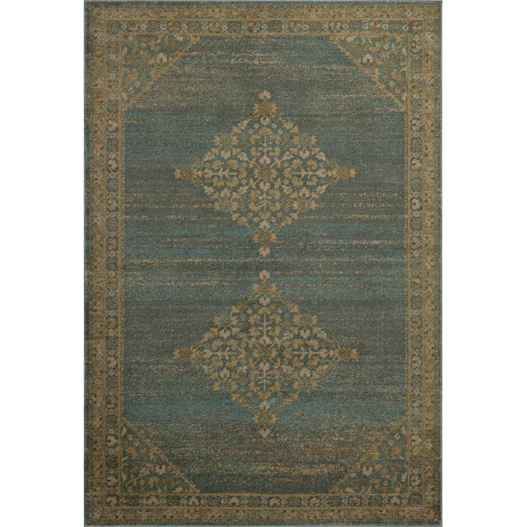 Aqua and Wheat Traditional Wool Cotton Area Rug 8'10" x 12'