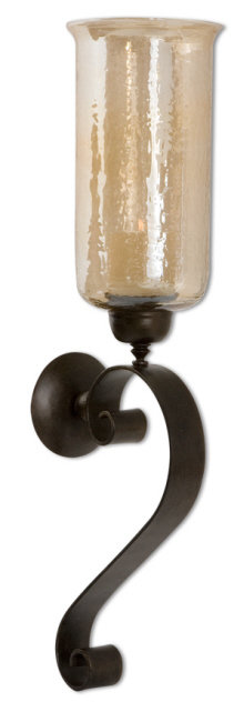 Antiqued Bronze Hand-Forged Iron and Amber Glass Candle Wall Sconce