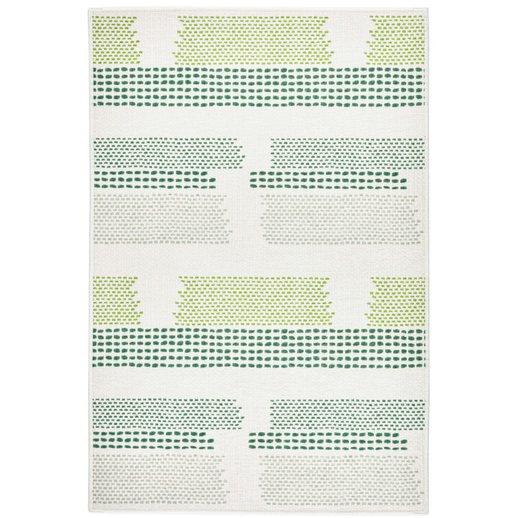 Green and White Rectangular Machine Washable Synthetic Rug 5' x 8'