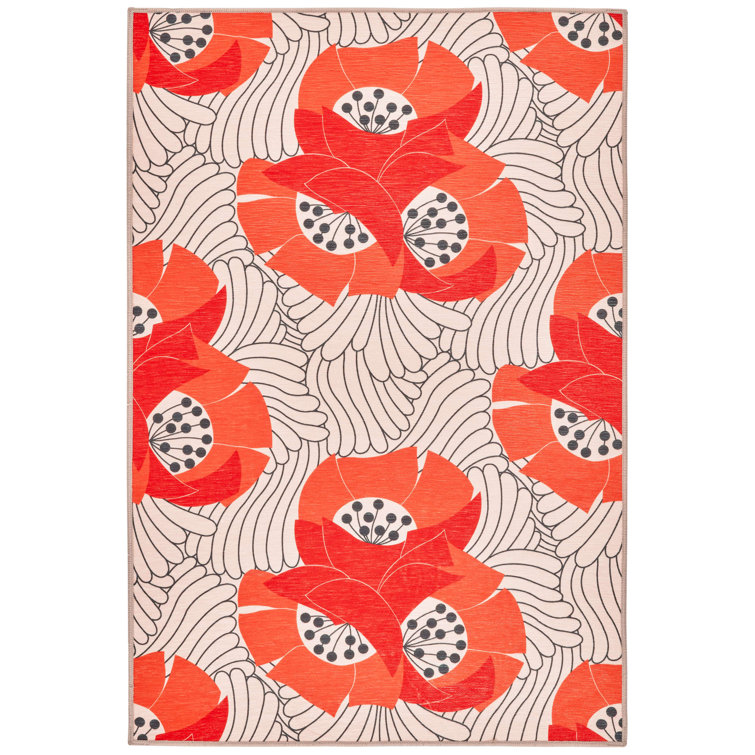 Japanese Poppy Multi Floral Machine Washable Synthetic Rug, 5x8