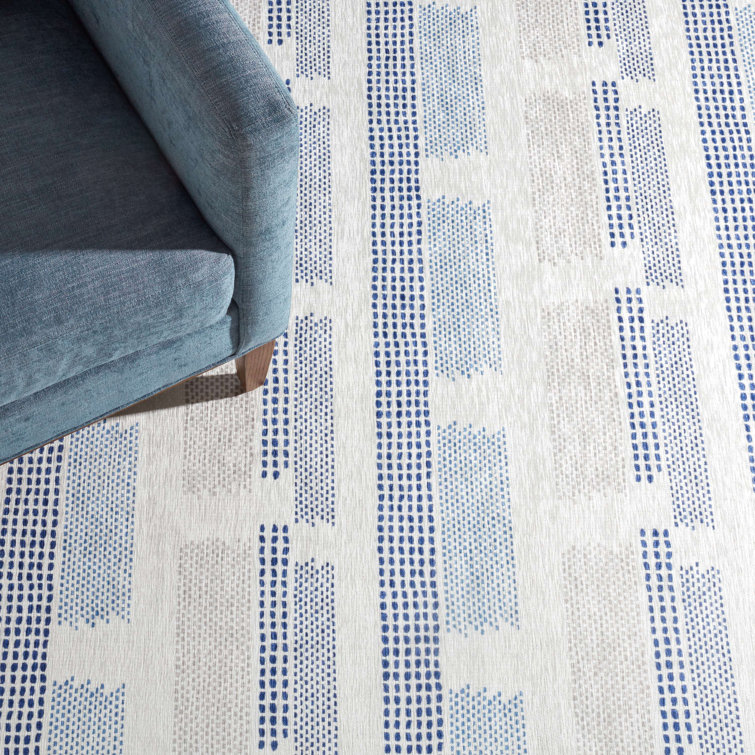 Navy and White Synthetic Rectangular 2x3 Washable Rug