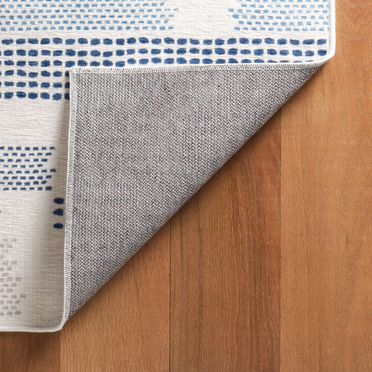 Navy and White Synthetic Rectangular 2x3 Washable Rug