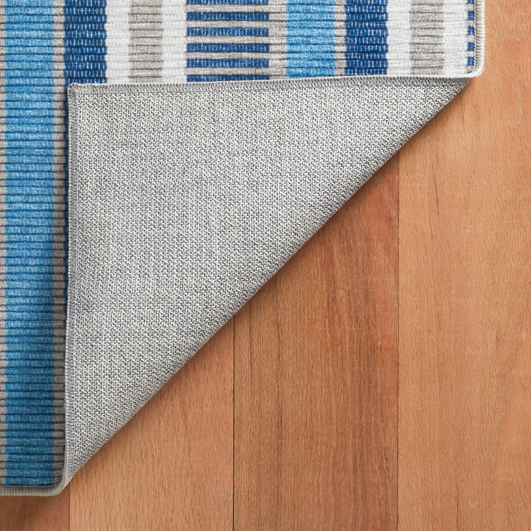 Blue and Grey Stripe Synthetic Washable 4' x 6' Rug