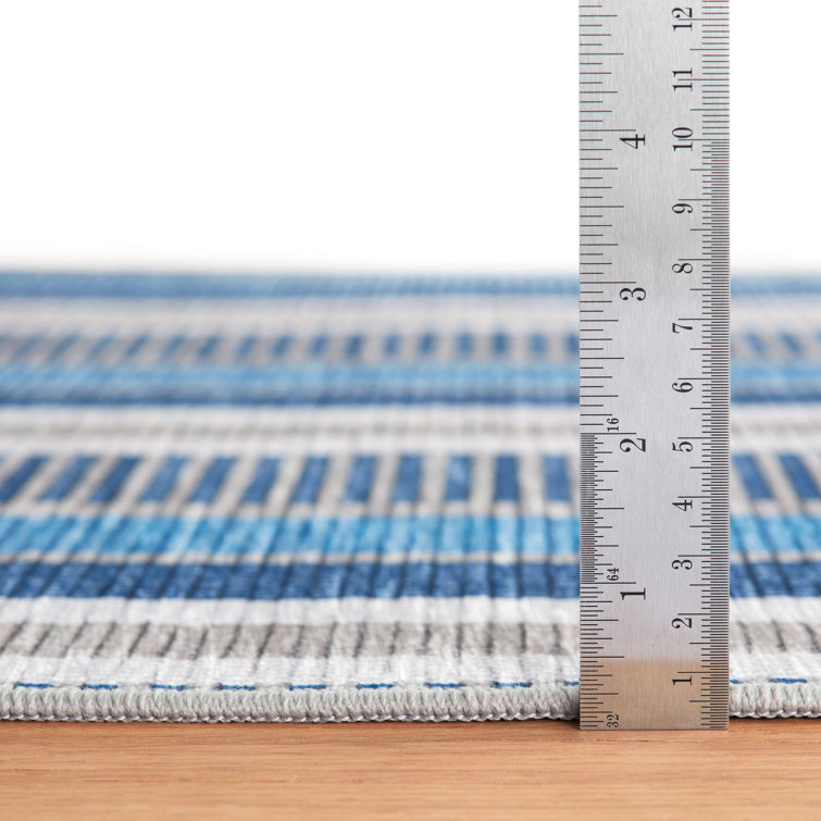 Blue and Grey Stripe Synthetic Washable 4' x 6' Rug