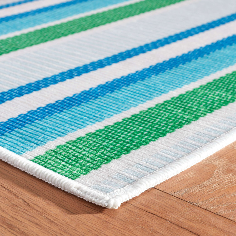 Cobalt and Green Stripe Synthetic Washable 2x3 Rug