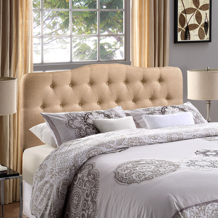 Beige Tufted Upholstered Queen Fabric Headboard