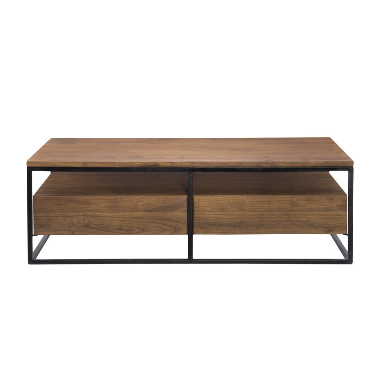 Light Brown Rectangular Solid Wood Coffee Table with Storage