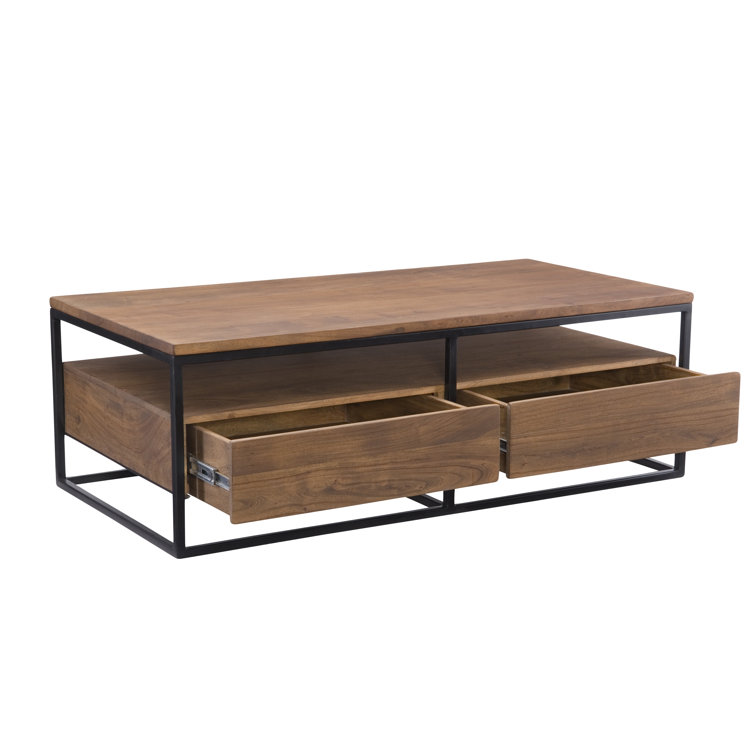 Light Brown Rectangular Solid Wood Coffee Table with Storage