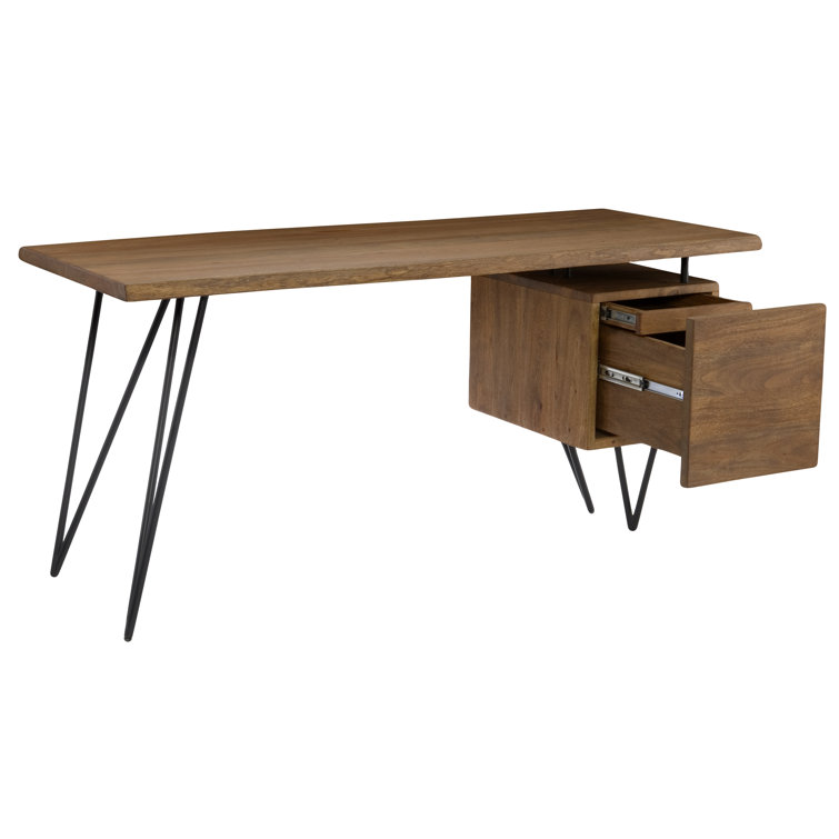 Industrial Brown Solid Wood Desk with Filing Cabinet