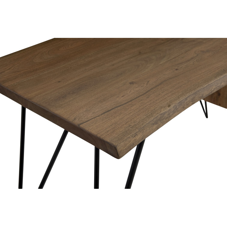 Industrial Brown Solid Wood Desk with Filing Cabinet