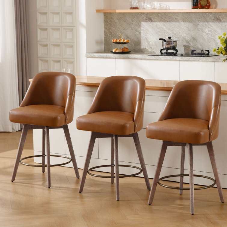 Brown Faux Leather Swivel Counter Stools with Wood Legs, Set of 3