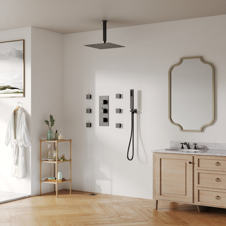 Matte Black 12" Ceiling Mounted Rainfall Shower System with Jets