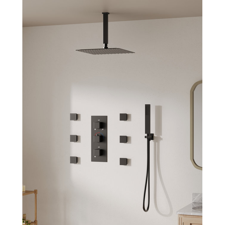 Matte Black 12" Ceiling Mounted Rainfall Shower System with Jets