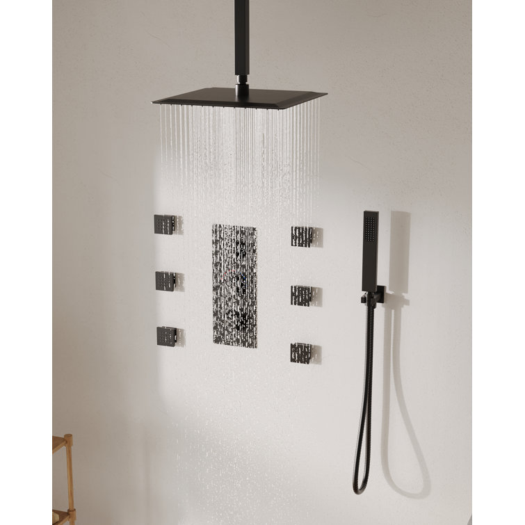 Matte Black 12" Ceiling Mounted Rainfall Shower System with Jets