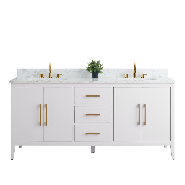 72'' White Poplar Double Sink Bathroom Vanity with Marble Top
