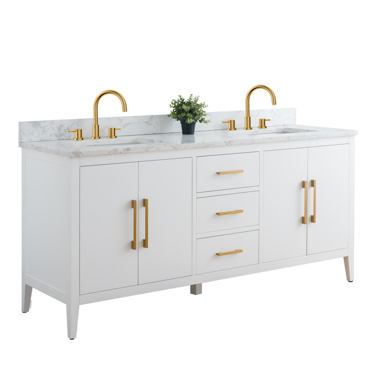 72'' White Poplar Double Sink Bathroom Vanity with Marble Top