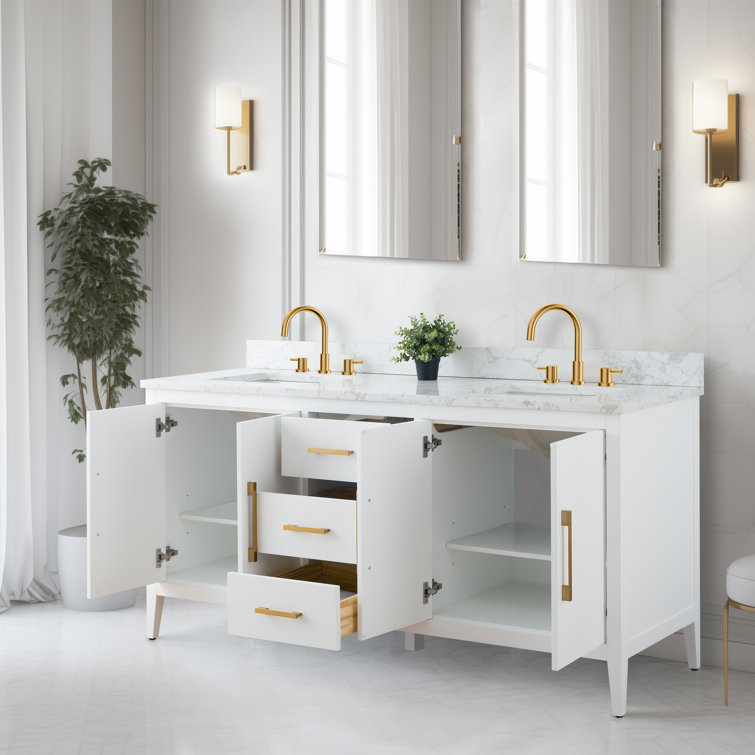 72'' White Poplar Double Sink Bathroom Vanity with Marble Top