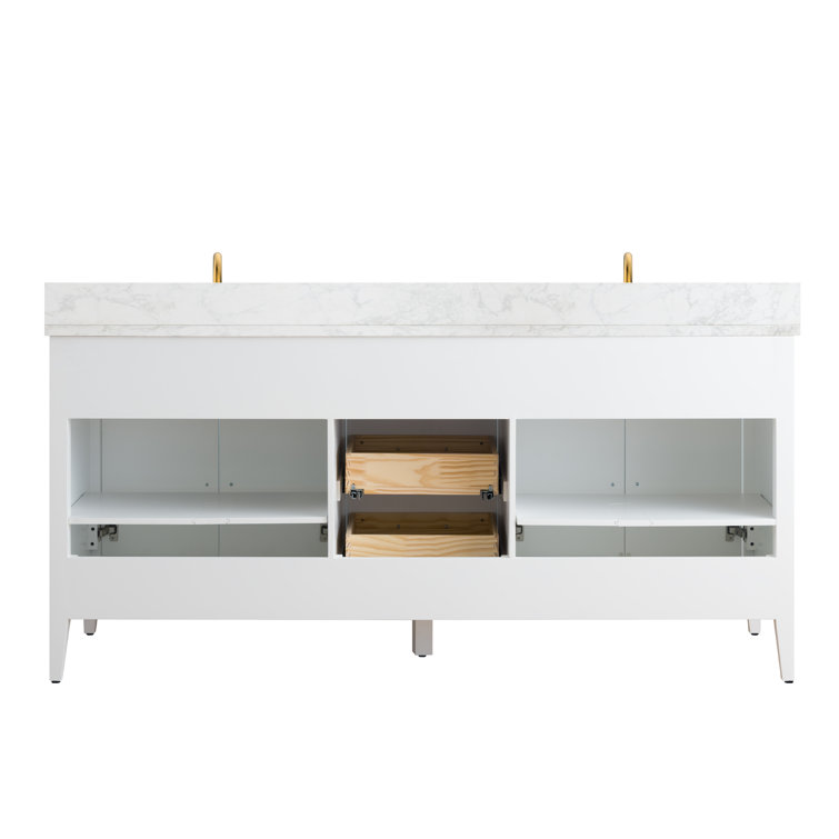 72'' White Poplar Double Sink Bathroom Vanity with Marble Top