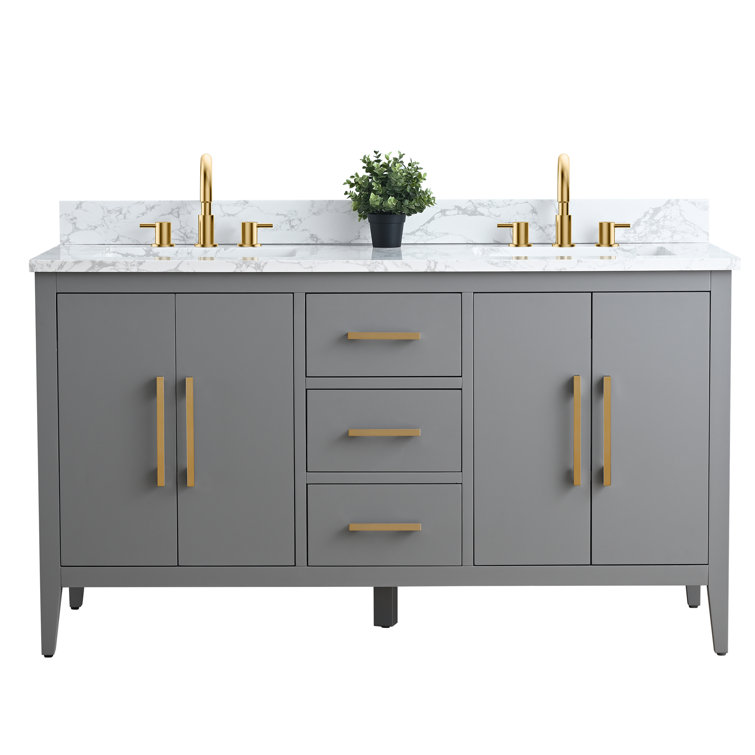 60" Cashmere Gray Double Sink Vanity with Gold Hardware and Marble Top